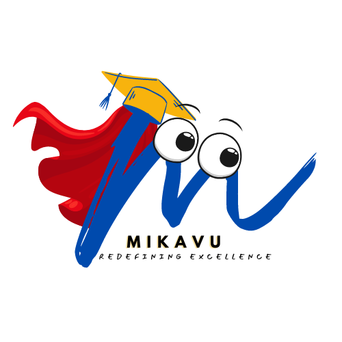 Mikavu logo — a playful blue M wearing a graduation cap and red cape